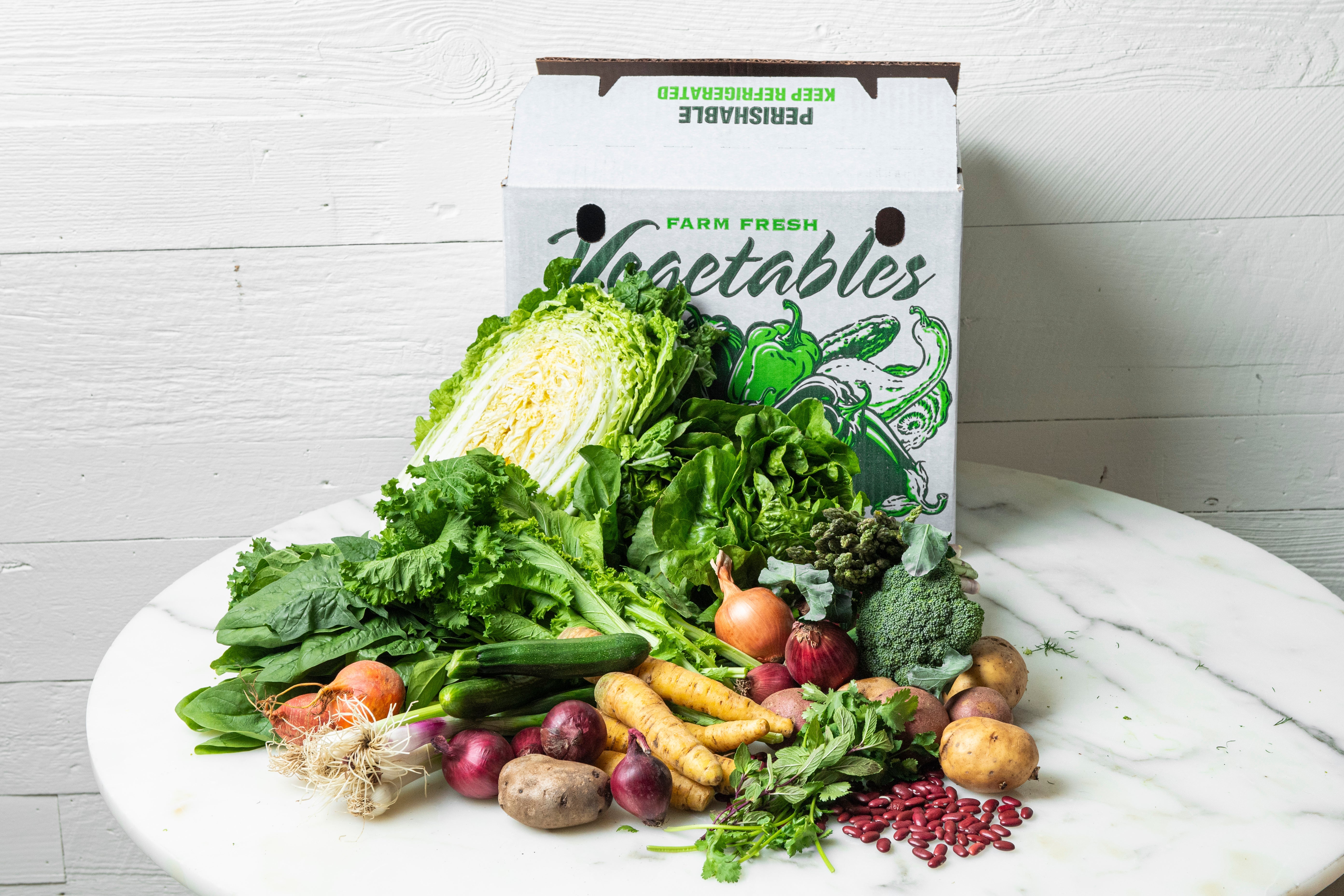 A varitey of regeneratively grown vegetables from our farm in upstate new york. They are included in our farm boxes, CSAs and Farmers Market Stands.