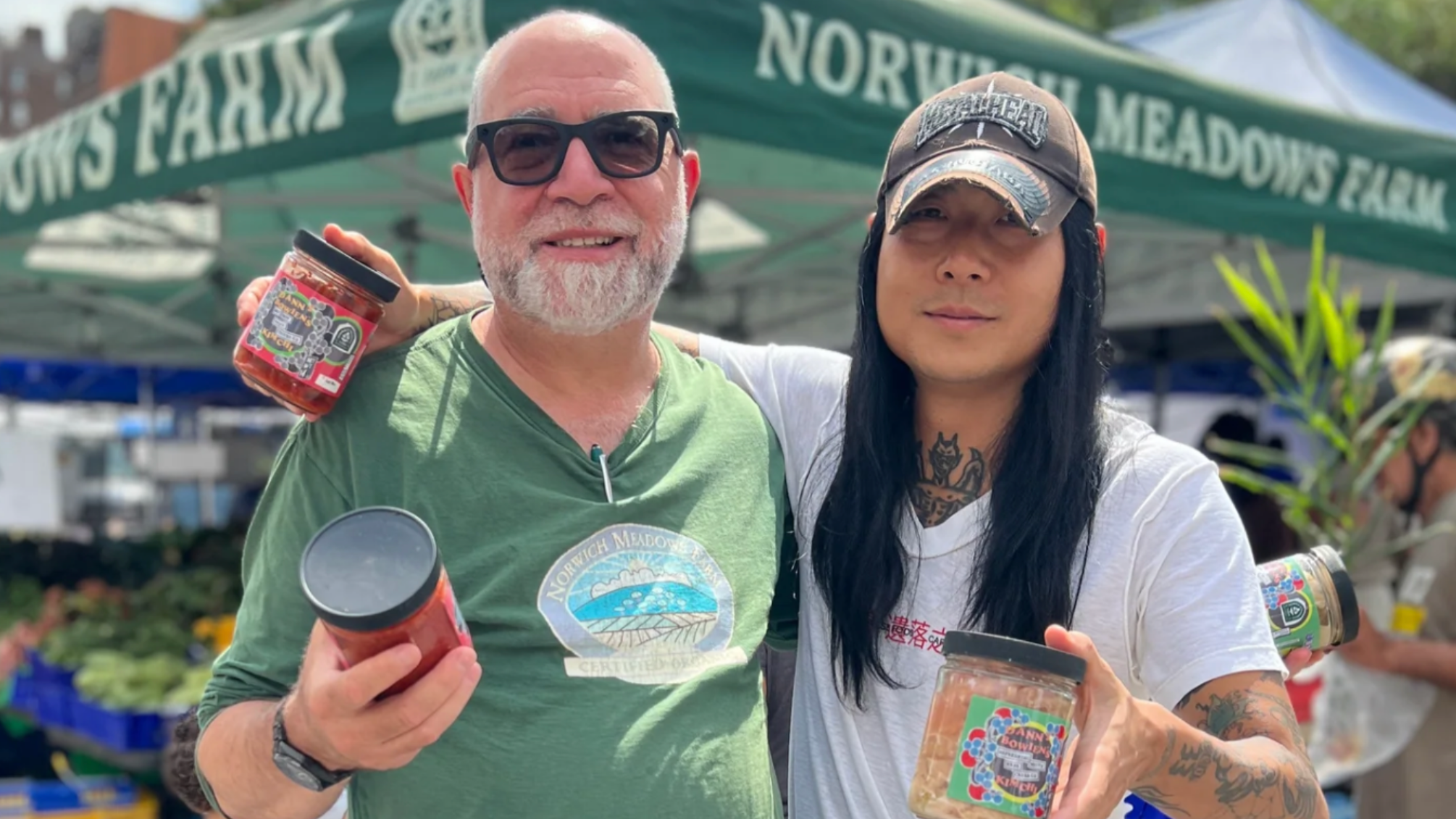 Danny Bowien and Zaid at Union Square Green Market with Danny's Kimchi