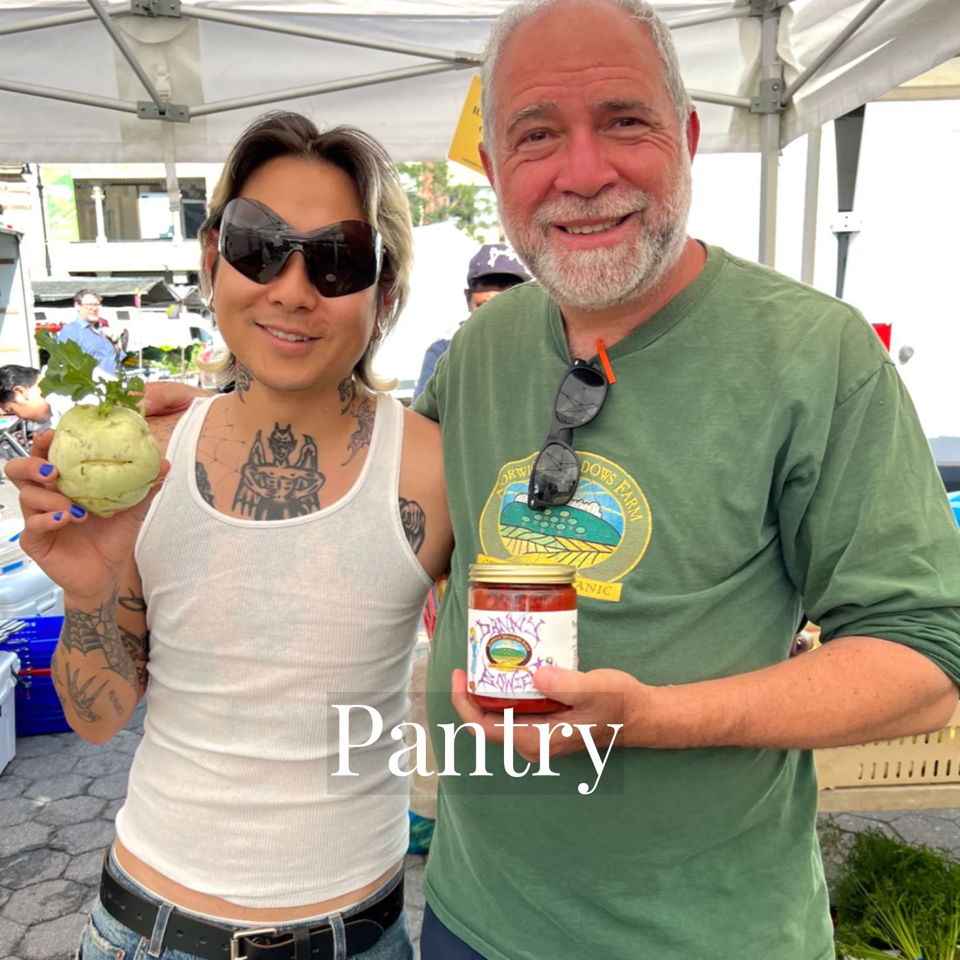 Zaid Kurdieh and Danny Bowien at Union Square Greenmarket with kimchi
