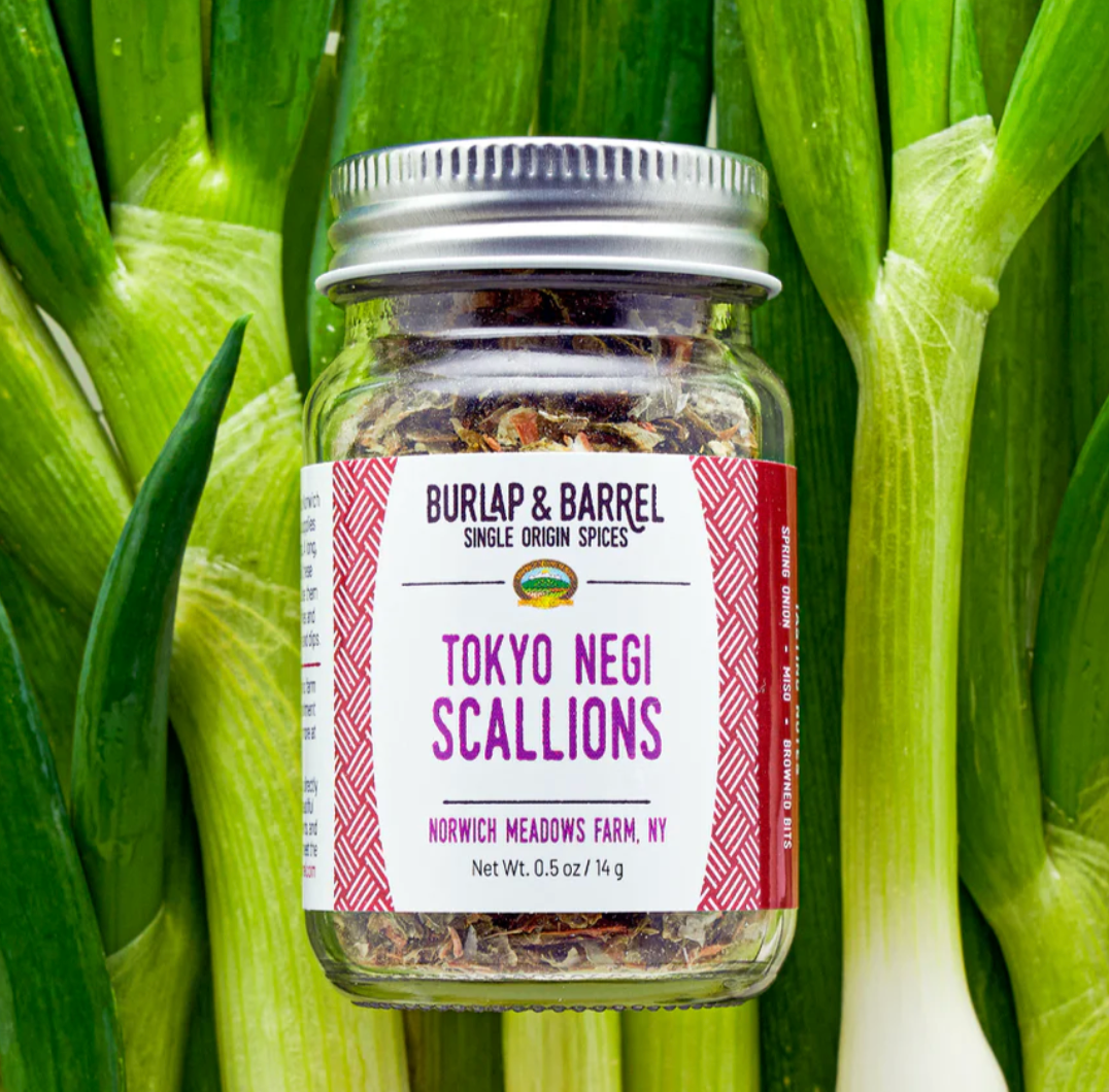 Jar of Burlap & Barrel “Tokyo Negi Scallions” spice blend made from Negi grown at Norwich Meadows Farm, photographed in front of fresh Negi stalks.