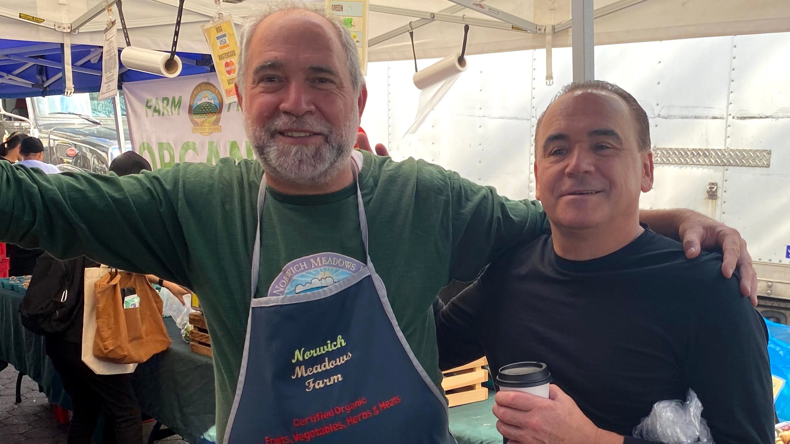 Chef Jean-Georges Vongerichten and farmer / owner of Norwich Meadows Farm Zaid Kurdieh meet at Union Square Greenmarket