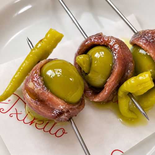 Traditional Gilda - pickled guindilla with anchovy and green olives.