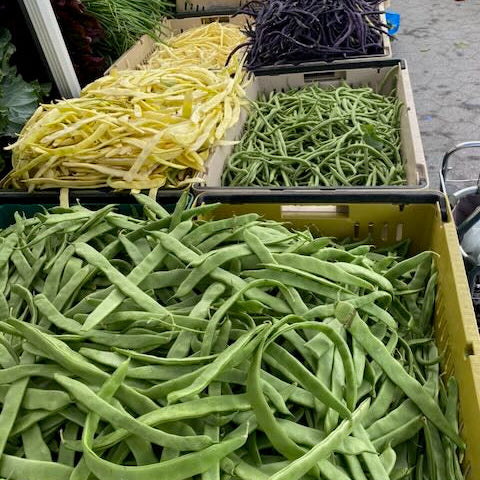 Romano and other pole beans at Union Square Green Market. Freshly harvested from our farm in Norwich, NY.